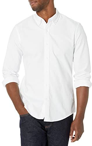 Amazon Essentials Camisa Oxford de Manga Larga de Ajuste Entallado Hombre, Blanco, L