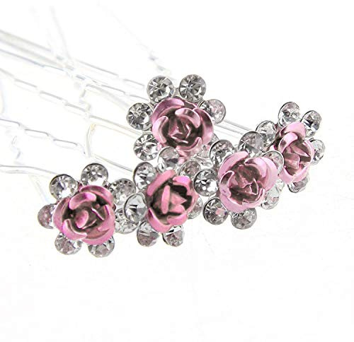 weddecor argent barette cheveux avec Strass Rose Design fleur & Strass Mariage Noces clips pour femmes & FILLES TOUT TYPE DE CHEVEUX - Rose, 20