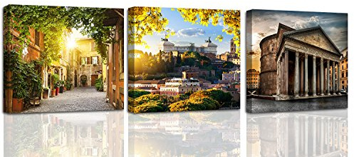 Feeby Quadro su Tela Multipannello 3 Parti Roma 150x50 cm Stampa Fotografia Decorazione da parete Immagini Moderni per Soggiorno Camera da Letto Ufficio Cucina Pantheon Architettura Marrone