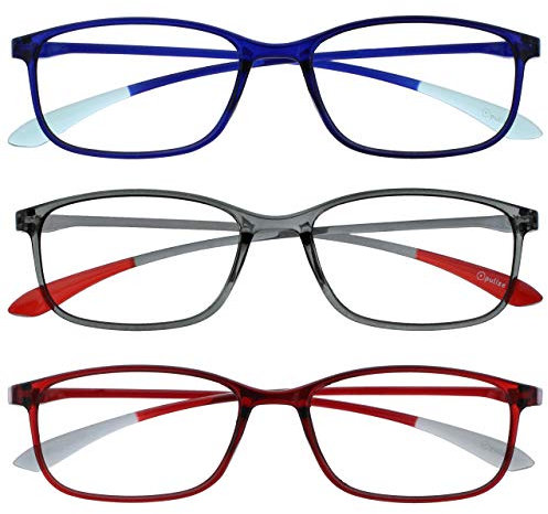 OPULIZE Ice Lesebrille 3er Pack Ultraleicht Rahmen Kristallblau Kristallgrau Kristalldunkelrot Herren Damen RRR61-37Z +3.00