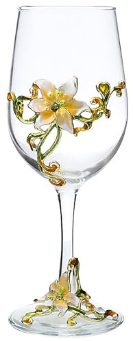 Handmade Painted Enamel Flower Gin Balloon Glass Wine Glass Birthday Gifts for Women Mum Friends Mothers Day, Lead-Free (Yellow Lily)
