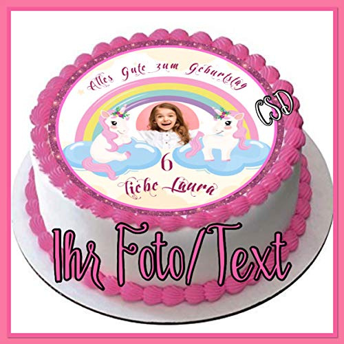 Tortenaufleger Einhörner, mit Foto/Text, personalisiert, Zuckerpapier Tortenbild, Geburtstag,Fototorte