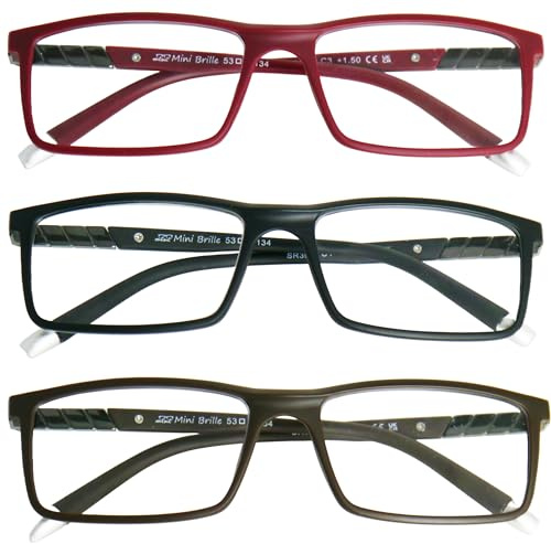 Stabile 3er-Set Blaulichtfilter-Brillen Rechteckig mit UV-Schutz | Rot, Schwarz und Graphit; 137 mm breit, 52 x 30 mm Gläser, Federscharniere und 26 g je Brille.