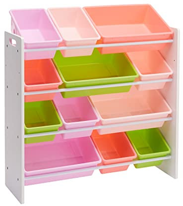 Amazon Basics Aufbewahrung für Kinderspielzeug, Spielzeug-Organizer mit 12 Plastikbehältern, weißes Holz mit pinken Behältern, 27.7 x 85.3 x 79 cm