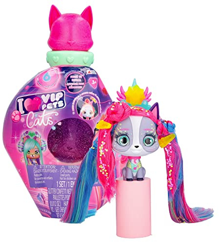VIP Pets Cats Mistery, Muñeca Gatita Coleccionable Que Brilla en la Oscuridad con Pelo Largo a Peinar y 15 Accesorios - Juguete Regalo para Niñas y Niños +3 Años