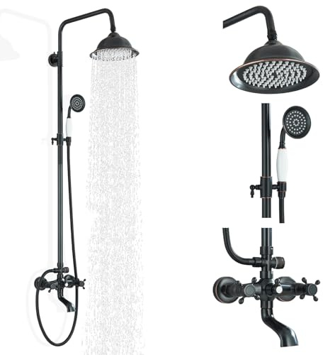 Gmusre Outdoor Shower Kit - Oil Rubbed Bronze System with Rainfall Shower Head, Handheld Spray, Tub Spout and Wall Mounted Mixer Faucet
