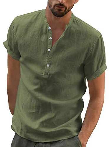 YAOBAOLE Linen Button Up Shirt Band Collar Henley Short Sleeve Summer Shirt for Men Army Green L