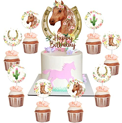 25 adornos para tartas de caballo para cumpleaños de niñas, decoración de cupcakes de cumpleaños de vaquera occidental con botas de caballo para niñas, decoración de tartas