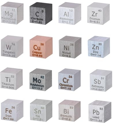 16pcs Element Würfel Set 10mm Dichte Metall Würfel Set bis 99.99% Reinheit | 10mm hohe Reinheit Dichte Würfel, ideale Geschenke für Studenten Lehrer Wissenschaft Liebhaber Sammlung, Lehrwerkzeug