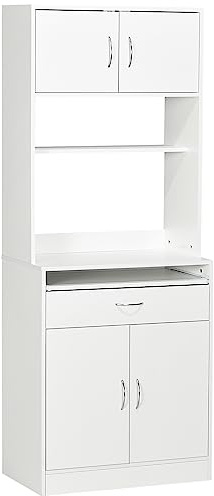 HOMCOM Alacena de Cocina Mueble Aparador Auxiliar con 4 Puertas Bandeja Extraíble Estante Ajustable Cajón y Encimera de Microondas Abierta 70x40x180 cm Blanco