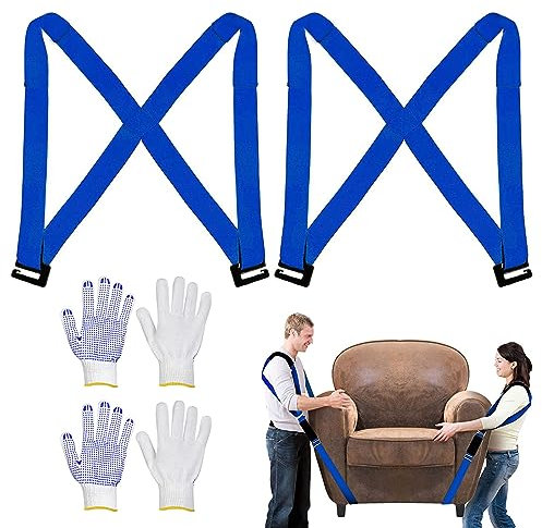 Tragegurte für Möbelpacker 2-Personen Hebe und Tragesystem mit 2 Paar Rutschfesten Handschuhen Tragegurte Umzug für Haushaltsgeräten Gegenstände Matratzen (300KG,Blau)