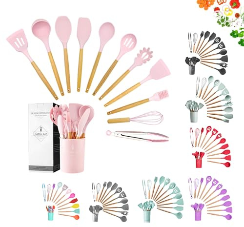 Faizee Möbel | 12 tlg. Küchenhelfer Set – Silikon Kochbesteck mit Holzgriff, hitzebeständig & antihaft, langlebige Küchenutensilien, BPA-frei, für beschichtete Pfannen, leicht zu reinigen (Rosa)