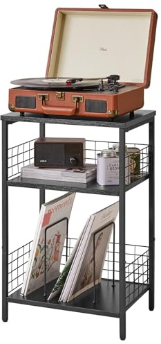 YMYNY 3 Ebenen Standregal Vinyl Plattenspieler Regal,Beistelltisch HST009B | Plattenständer mit klassifizierter Lagerung,Schutzeisennetz,für Plattenspieler,CDs,Magazin, Wohnzimmer,Schlafzimmer,Studio