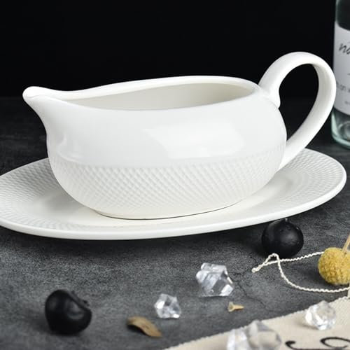 Sauciere Mit Untertasse – 8,8 Unzen Keramik-Saucenboot Mit Untertasse | Weiße Soßenschüssel Aus Porzellan Mit Griff Und Großem Ausguss | Dressingschiffchen Für Salatdressings Mit Schwarzem Pfeffer