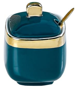 YORROR Azucarero de cerámica, cuenco de sal de porcelana de 300 ml, recipiente de especias con tapas, cuchara, tarro de especias, condimentos, tarro de miel para el hogar y la cocina (verde)