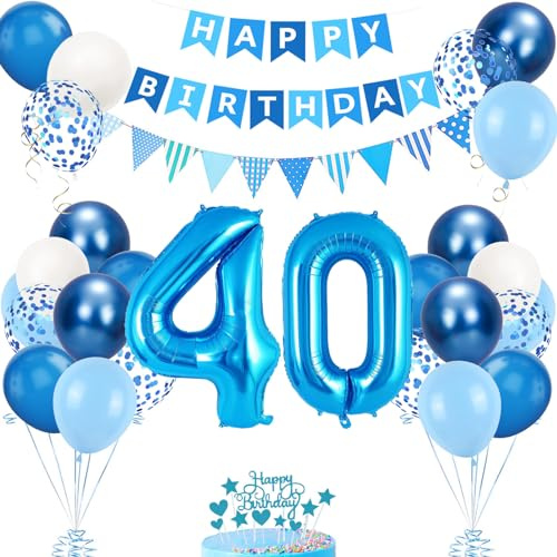 40. Geburtstag Deko Blau, Luftballon 40. Geburtstags, Geburtstagsdeko 40 Jahr, Mädchen 40 jahre Geburtstags Deko-Set, Zahl 40 Luftballons Tortendeko Blau Weiß Ballons für Geburtstag Party Deko