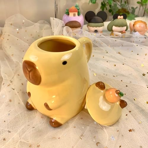 Yawdil Cartoon-Tassen mit Deckel, kreative Capybara-Kaffeetasse, Wassertrinkbecher, Keramik-Kaffeetasse, Teetasse für Männer und Frauen