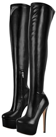 blingqueen Damen Stretch Boots Overknee Stiefel Plateau Stiletto Gogo Boot Lederimitat Schwarz 46 EU