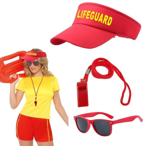 GWAWG 3Pcs Life Guard Accessories Set Include Visor Cap, Whistle, Sunglasses, Lifeguard Fancy Dress for Halloween Dress up Party, Pool Party