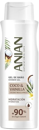 ANIAN - Gel de Baño Coco y Vainilla, 750 ml, Limpia e Hidrata la Piel, Nutre sin Dejar Sensación Grasa, Aroma a Vainilla, para Todo Tipo de Piel, +90% Ingredientes de Origen Natural