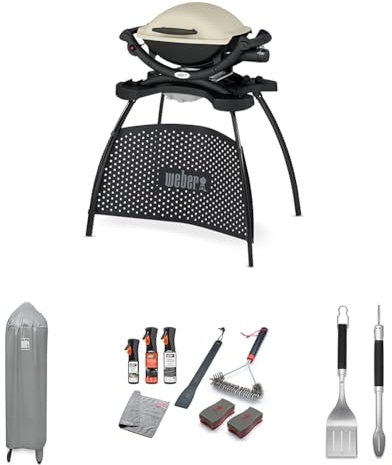 Bundle - Weber Q1000 Gas Grill Barbeque with Stand | BBQ Grill & Char Griller | Cast Aluminium Lid Cover & Body | Portable Premium Classic Free-Standing Gas BBQ - Titanium (50060374)