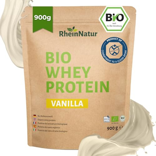 RheinNatur Bio Whey Protein-Pulver Vanille 900 g - Eiweißpulver mit natürlichem Aroma & ohne Soja - 100% Bio Molke-Protein für Proteinshakes