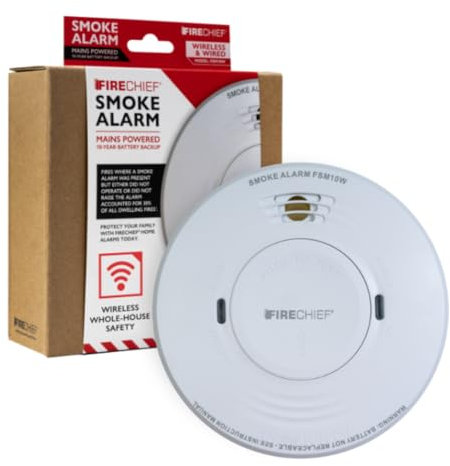 Smoke Alarm with Wireless Interlink - Mains Powered Fire Alarm With 10 Year Battery Backup - Kitemark Certified to BS EN 14604 - Wirelessly Interlink with Firechief Alarms for Home - FSM10W Model