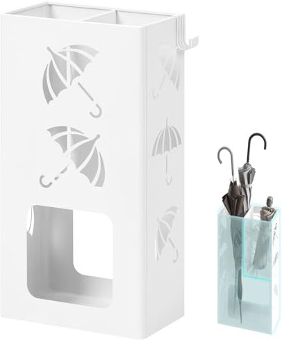 WOLTU Portaombrelli Con 4 Ganci e 2 Aree Separate, in Metallo Antiruggine, Design a Conca, per Corridoio e Ingresso, Bianco, SST16ws