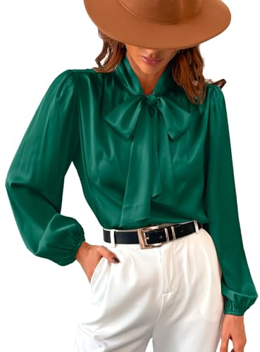 CUPSHE Satin Shirt Top for Women Bow Tie Long Sleeve Shiny High Neck Work Casual Blouses