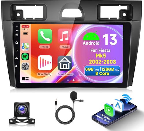 6G+128G 8 Core Wireless Carplay Android 13 Radio de Coche para Ford Fiesta Mk5 MK Vi 2002-2008 9 Pulgadas Radio con Android Auto GPS Navi WiFi Bluetooth Mirror Link FM/RDS/32EQ/DAB/SWC Cámara Trasera