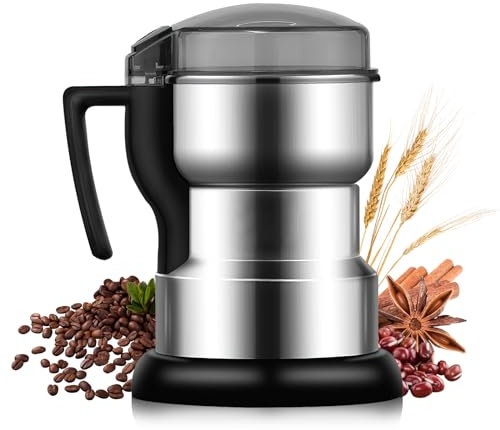 Molinillo de cereales multifuncional, 300 W, molinillo de café eléctrico, acero inoxidable, capacidad máxima 200 g, cuatro cuchillas de acero inoxidable para nueces, pimienta, especias, semillas de