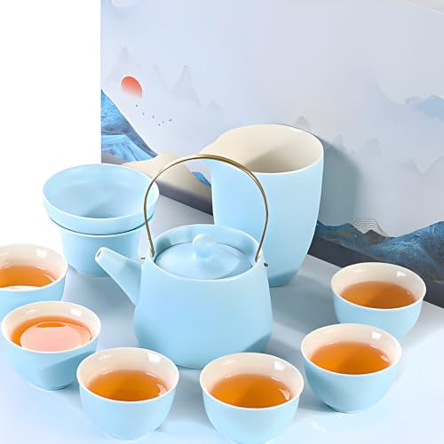Prefdo Japanisches Porzellan-Teeset mit 1 Teekanne, 6 Teetassen, 1 Gongdao-Tasse, 1 Teesieb, süßes asiatisches Tee-Set, Kung-Fu-Teeservice für Erwachsene/Teeliebhaber (Hellblau)
