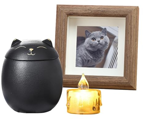 Katzenurne für Asche, Keramik-Katzenasche-Urne mit Fotorahmen und Kerzen-Schwarz, S