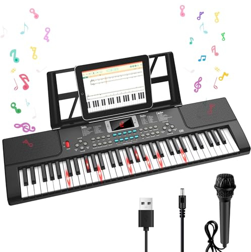 Klaviertastatur, 61 Tasten, Upgrade für Kinder, Musikspielzeug mit leuchtenden Tasten und Pro-Lehrmodi, Dual-Lautsprecher, 70 Demos, 100 Töne, 100 Rhythmen, perfektes Weihnachts-/Geburtstagsgeschenk