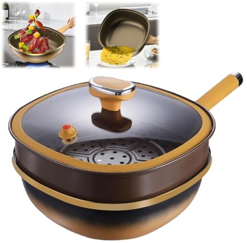 TTCHANG 12in Titanium Alloy Non-Stick Pot with Lid, Titanium Hammered Pan Pro, Multi-Purpose Deep Saute Pan with Steamer Basket, for Frying Eggs, Stir-frying, Stewing, Braisin,With lid and steamer