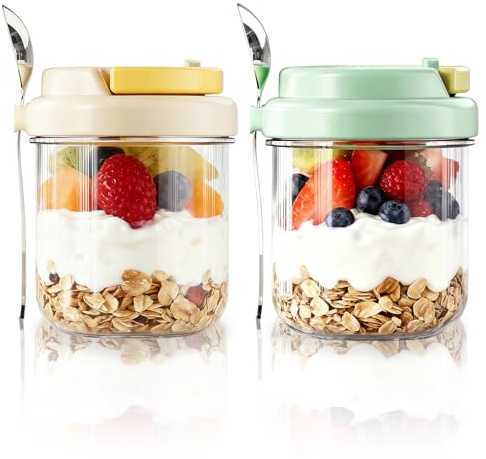 MEETOZ 2-pack 14 oz Overnight Oats Containers with Lids, Glass jars with handle Airtight Lids, Glass Breakfast Pots, Glasss Mason Jars for Cereals, Milk, Yogurt, Fruit, Salad