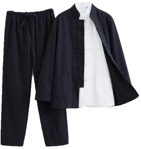 Bomullslinne Tai Chi Uniform Set med 3 Lös Kung Fu-kostym Kinesisk Tang Kostym Män Kampsport Jacka grå-5XL, Svart, 4XL