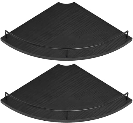 FNBAR Corner Floating Shelves, Rustic Brown Wood, Set of 2, Wall Mount Storage with Guardrail for Bathroom Kitchen Living Room (Black)