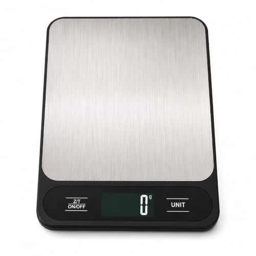 Bilancia da Cucina Digitale 10 kg con Precisione 1 g, Piatto in Acciaio Inox e Vetro, Display LCD, Funzione Tara, 4 Unità g/ml/oz/lb, Compatta 18 x 18 cm