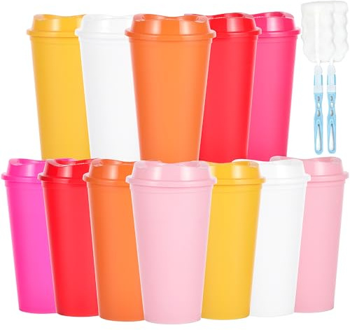 CuppaLifes 475ml Reusable Coffee Cups with Lids, 12 Pack Insulated Plastic Tumblers, Travel Mugs for Hot/Cold Drinks, Smoothie, Takeaway Cups for Adults (12, Vivid)