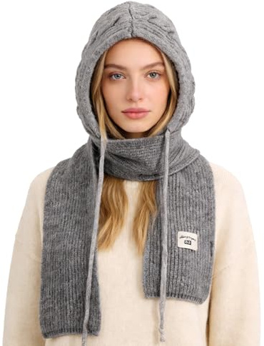 TAGVO Gorros con Bufanda Cálidos De Invierno 2 en 1, Ajustable Pasamontañas Tejido con Calentador de Cuello Prueba de Viento Sombreros con Capucha Bufanda, Elástico Bufandas con Capucha Unisex