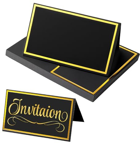 24-Pack Place Cards for Table Setting, Black Name Cards with Gold Foil Border - 2'' x 3.5'' Folded Tents Card Table Signs for Food Buffet Wedding Bakery Banquet Party Events Celebration