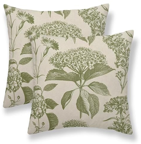 Sage Green Floral Pillow Covers 20 x 20 Inch Set of 2 Vintage Hydrangea Herbs Botanical Decorative Throw Pillow Covers Linen Square Vintage Outdoor Flower Decor Pillowcase for Home Couch Sofa