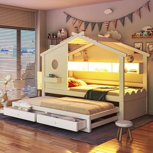 Xwiny Kinderbett 90x200 cm mit LED-Beleuchtung und Ausziehfunktion, Holzbett mit USB- und Typ-C-Ladeanschlüssen, Schubladen, Staufächer, Hausförmiges Design, Weiß(Ohne Matratze)