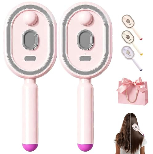 Brosse Lissante Vapeur 3 en 1, Brosse à Vapeur Électrique pour Cheveux, Anti-Frisottis Antistatique avec Massage à Coussin d'Air, Rechargeable pour Cheveux Bouclés, Ondulés (Rose*2)