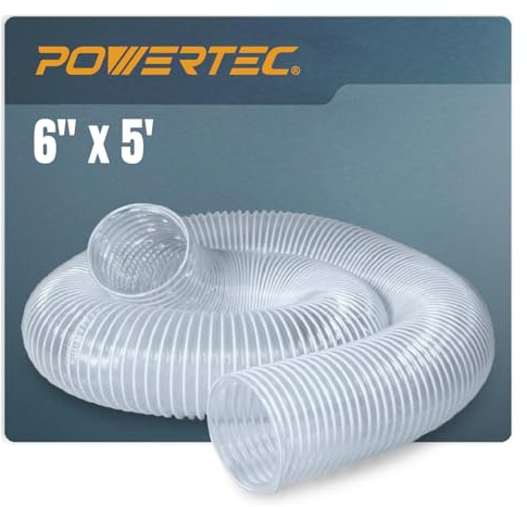 PowerTec 70239 Aspirateur de travail du bois et d'atelier en PVC de 15,2 cm x 1,5 m, raccords de collecte de poussière de 1,5 m | Flexible transparent très résistant, tuyau de 15,2 cm x 1,5 m