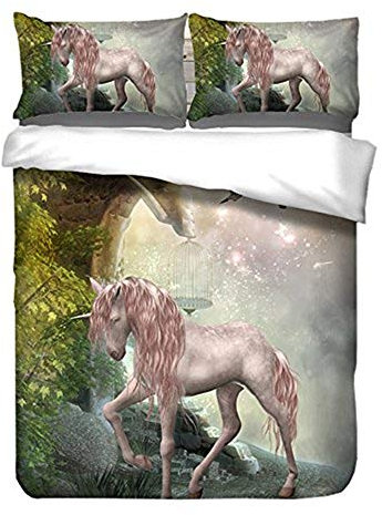 Bettwäsche Set Einzelbett 135x200 3D Einhorn Weißes Pferd Wasserfall Muster Bettbezug und Kissenbezug 3 Stück Superfeines Polyester Weich und atmungsaktiv