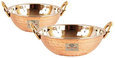 bona fide paket med 2 kadhai, indisk wok med kopparbotten rostfritt stål kopparskål servering indisk mat daal curry Karahi Kadai wok skål, diameter – 5 med en serveringssked 17,8 cm