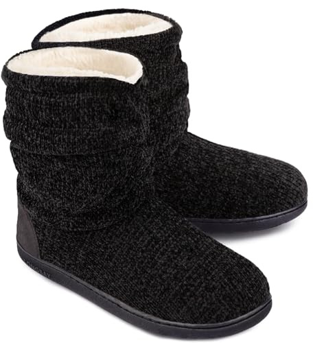 LongBay Women's Chenille Knit Bootie Slippers Cute Plush Fleece Memory Foam House Shoes (Medium / 7-8 B(M), Black)