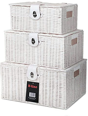 H-line Set of 3 Resin White Wicker Woven Lidded Storage Baskets Box with Lid & Clasp Lock Xmas/Easter Gift Hamper